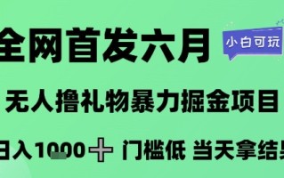全网首发六月，无人撸礼物暴力掘金项目，日入1K+门槛低，当天拿结果，小白可玩【揭秘】