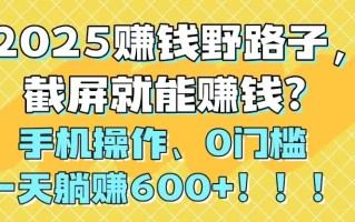 2025赚钱野路子，截屏就能赚钱？手机操作0门槛，一天躺赚600+！！！