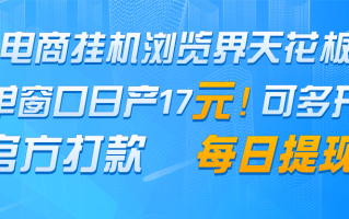 电商挂机浏览界天花板 单窗口日收益17＋ 每日提现 官方打款