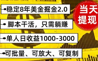 稳定8年美金掘金2.0脚本干活，只需躺赚。单人日收益1000-3000可批量、…