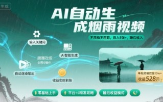 不用拍不用剪！AI自动生成烟雨视频，日入5张+，睡后收入