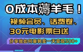 0成本薅羊毛!视频会员、话费卷、30元电影票白送，分享我如何靠转卖一天变现5张+【揭秘】
