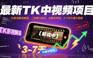 最新TK中视频项目，Tk影视解说赛道，搬运二创暴力起号，流量非常猛，3-7天开通中视频(更新)