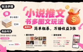 小说推文小红书多图文玩法，简单粗暴，万播收益3张