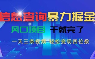 信息查询暴力掘金，一天三条视频 轻松变现四位数，风口项目干就完了
