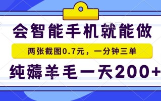 会智能手机就能做，两张截图0.7元，一分钟三单，纯薅羊毛一天200+
