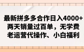 最新拼多多合作日入4000+两天销量过百单，无学费、老运营代操作、小白福利