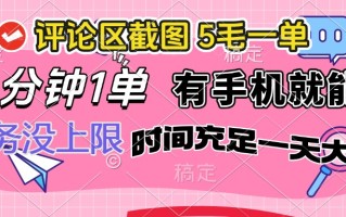 评论区截图，5毛一单，一分钟一单，有手机就能做，任务没上限，时间充…