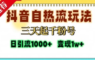 抖音自热流打法，三天起千粉号，单视频十万播放量，日引精准粉1000+