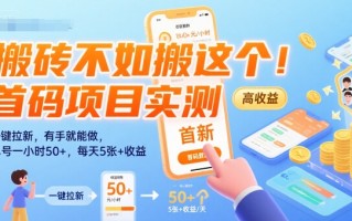 搬砖不如搬这个！首码项目实测：一键拉新，有手就能做，单号一小时50+，每天5张+收益【揭秘】