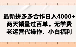 拼多多最新合作日入4000+两天销量过百单，无学费、老运营代操作、小白福利