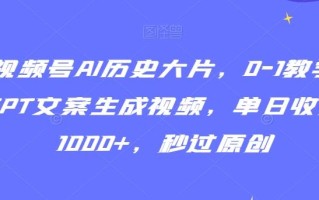 视频号AI历史大片，0-1教学GPT文案生成视频，单日收益1000+，秒过原创【揭秘】