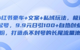 小红书豪车+文案+私域玩法，极速起号，9.9元日引100+自热创业粉，打造永不封号的长尾流量池