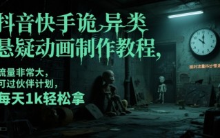 抖音快手诡异类悬疑动画制作教程，流量非常大，可过伙伴计划，每天1k轻松拿